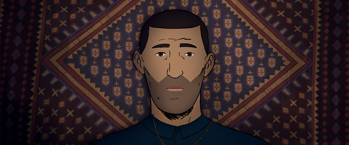 An animated still from Jonas Poher Rasmussen’s ‘Flee’ showing the Afghan male protagonist Amin standing against a patterned tapestry. Courtesy of NEON.