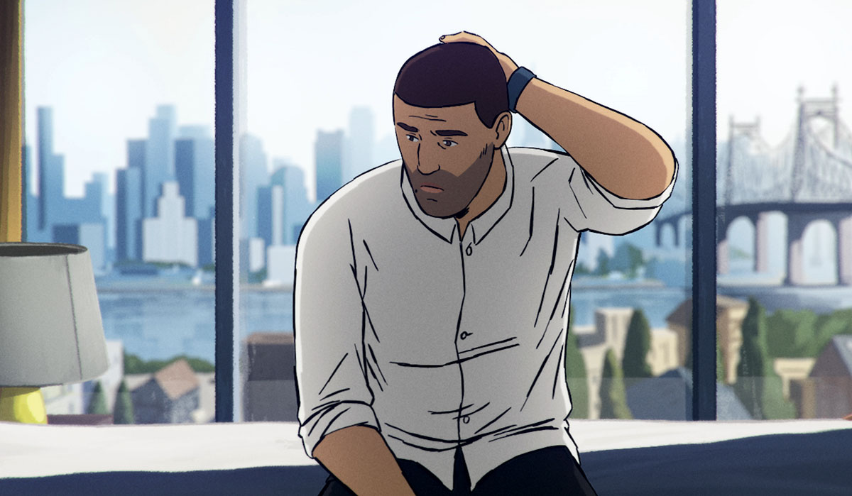 An animated still from Jonas Poher Rasmussen’s ‘Flee’ showing the Afghan male protagonist Amin sitting in front of a glass window, with the city’s skyline behind him. Courtesy of NEON.