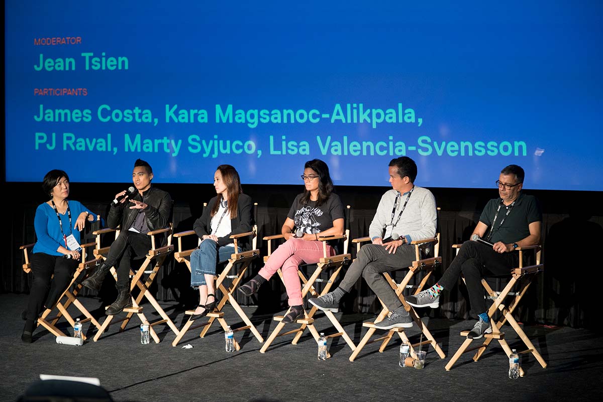 Jean Tsien is an Asian American filmmaker seen here moderating a panel of filmmakers in IDA’s Getting Real, 2018. Photo by Mark Hayes.