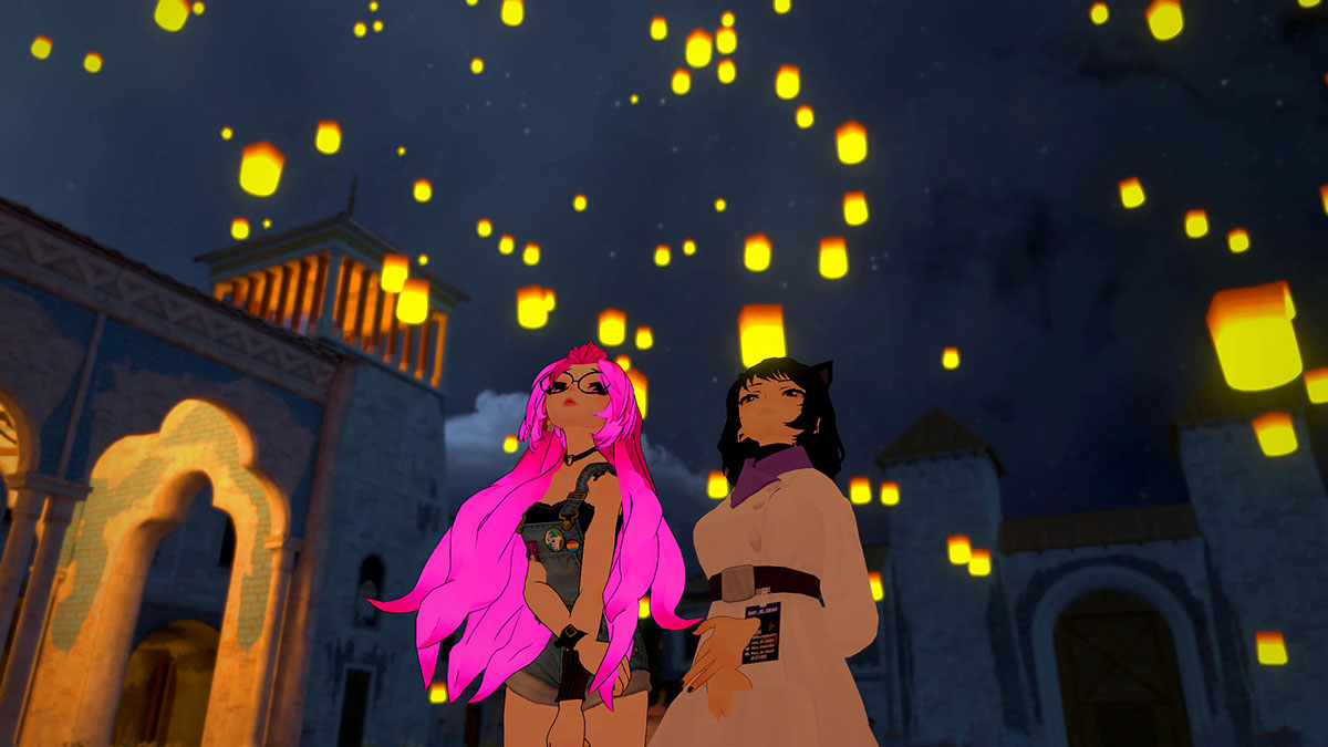 A animated still of two women on a street corner at night. From 'We Met in Virtual Reality' by Joe Hunting. Courtesy of Sundance Institute | photo by Joe Hunting.