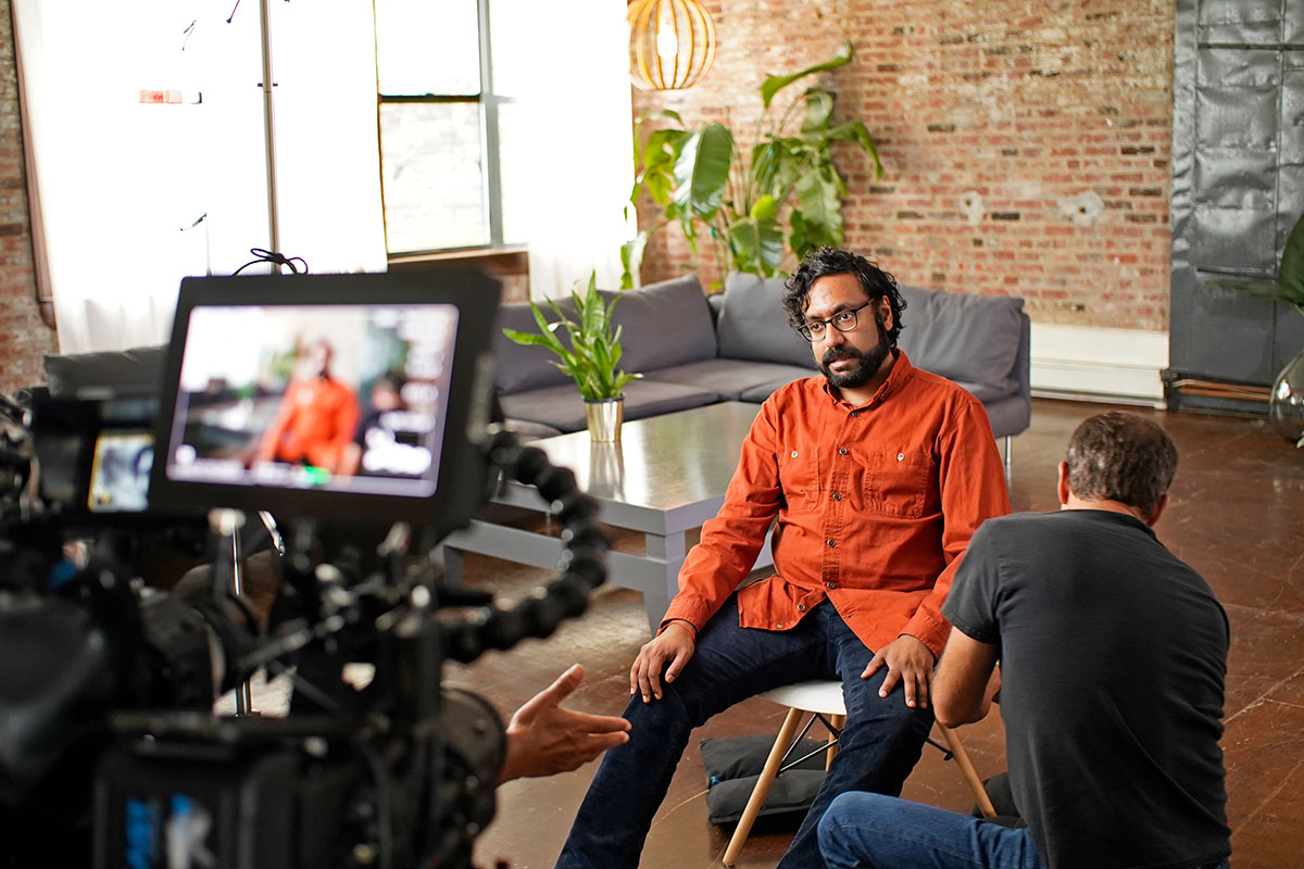 South Asian comedic artist Hari Kondabolu, on the set of the PBS documentary series 'Asian Americans.' Courtesy of WETA and CAAM.