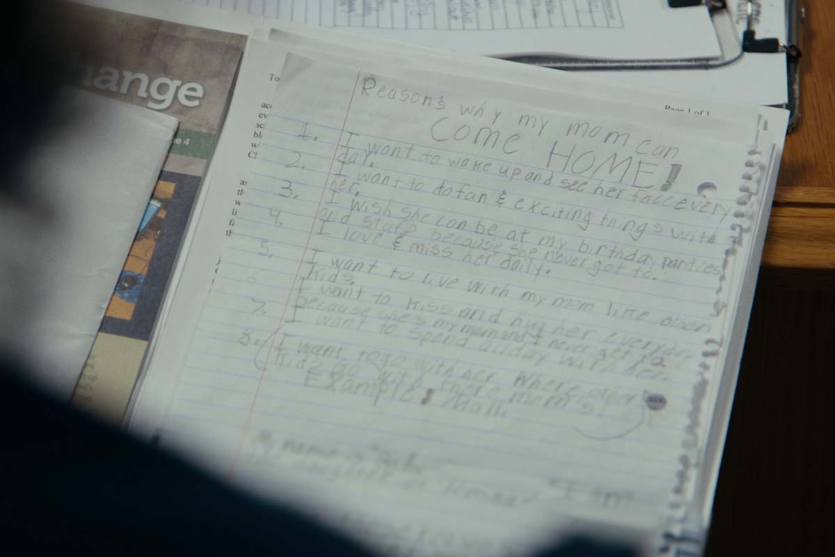 A close-up of a letter from a child to her mother.  From Jennifer Redfearn and Tim Metzger's 'Apart,' which airs February 21 on 'Independent Lens.' Courtesy of the filmmakers.