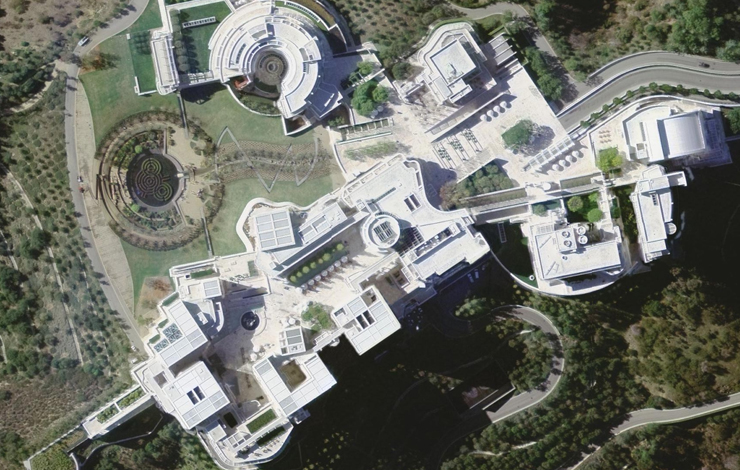 An aerial view of the Getty Center in Los Angeles