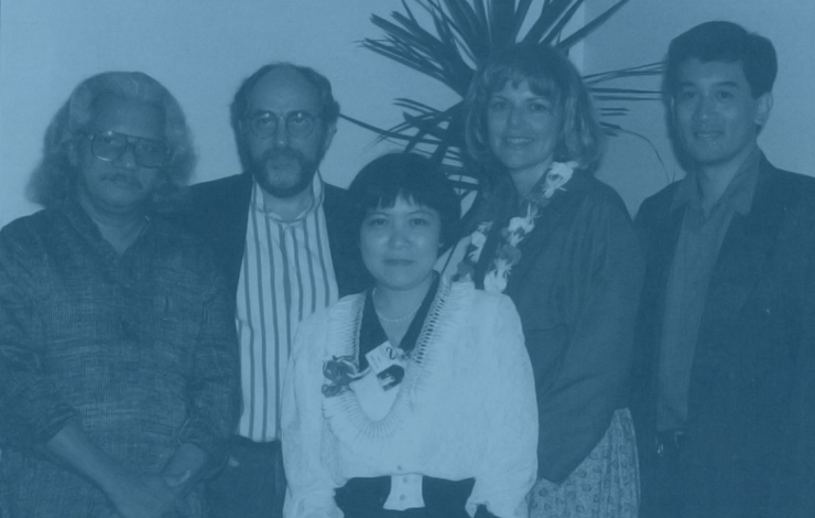 A group of filmmakers pose for a photo. The festival jury (from left): film directors Adoor Gopalakrishnan and Arturo Ripstein, the Japan Society's Kyoko Hirano, IDA Executive Director Betsy McLane, the Mowelfund Film Institute's Nick Decampo.