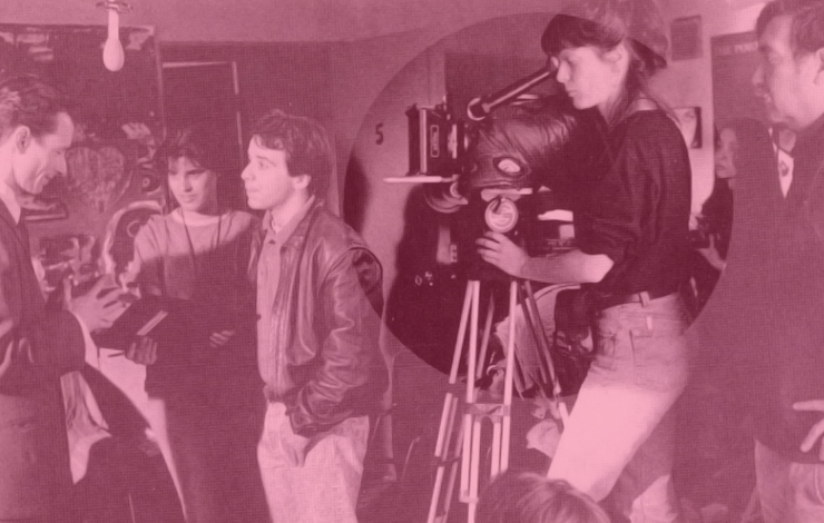 Maryse Alberti shooting 'The Golden Boat' with director Raul Ruiz (right). A woman looks through the camera as a group of others discuss filming. 