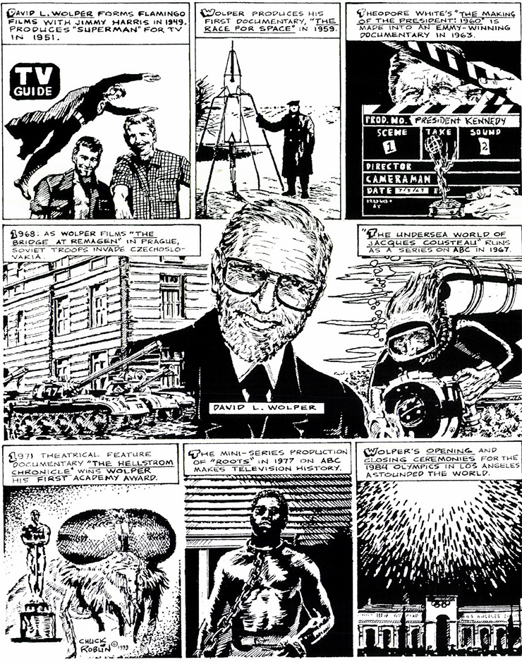 A black-and-white cartoon strip with David Wolper centered.