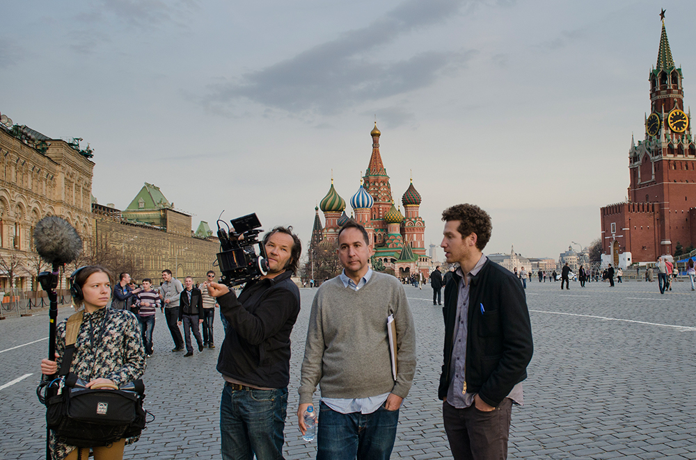 Filmmaker Gabe Polsky (right) and crew in Moscow. Photo: Silvia Zeitlinger; courtesy of Sony Pictures Classics