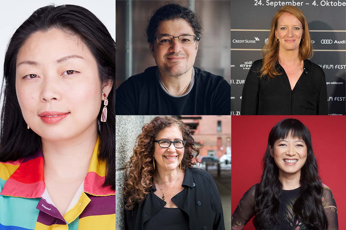 A collage of panelists. From L to R, T to B, Nanfu Wang, Christopher Clements , Carolyn Hepburn, Julie Goldman and Jialing Zhang.
