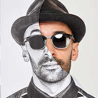 A white man with brown facial hair wearing a hat and sunglasses. Half of his face is drawn on the image.