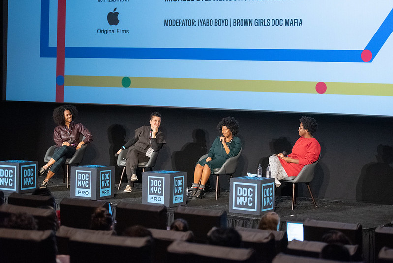 NBC Universal's Jeanelle Augustin, filmmaker Michèle Stephenson, Firelight Media's Chloë Walters-Wallace, and Brown Girl Doc Mafia’s Iyabo Boyd participate in a panel in DOC NYC 2021 Pro’s Audience Engagement and Distribution Day. Photo by Sanfer Carlos. Courtesy of DOC NYC.