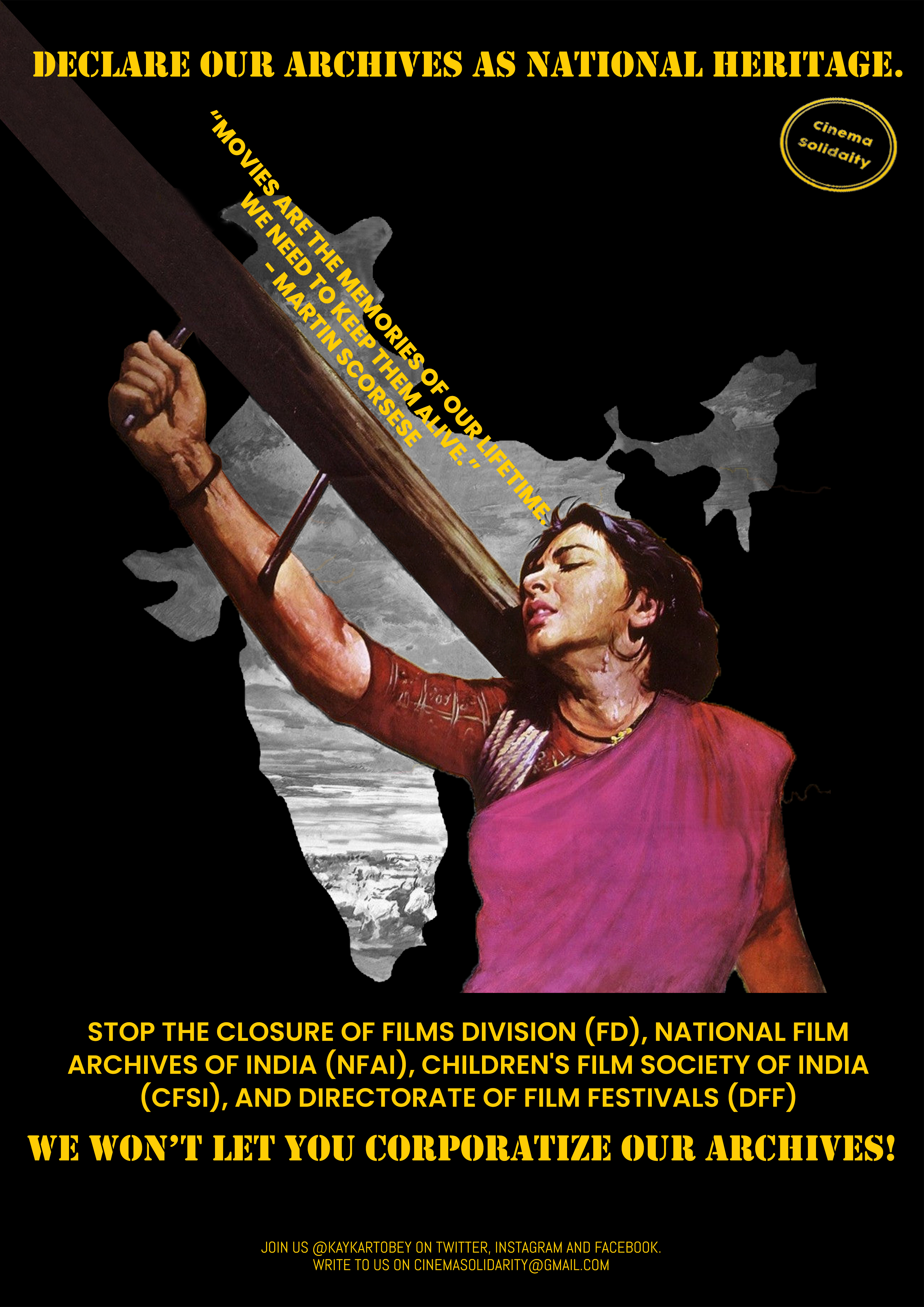 A poster opposing the NFAI and FD merger, which shows a woman in front of an outline of India. Courtesy of Kay Karto Bey.