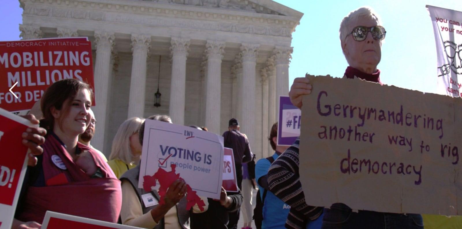 Protestors of gerrymandering gather outside of the Supreme Court, from Chris Durrance and Barak Goodman's ‘Slay the Dragon’. Photo courtesy of Magnolia Pictures