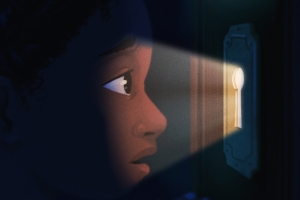 Still from "When My Sleeping Dragon Woke." Young, brown skin person looking through a key hole.