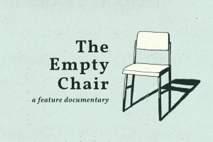 The image has a light green background. On the right of the image is a sketched chair with dark green outlines and an off-white fill. The chair has a dark green shadow stretched out behind it. To the left of the chair is dark green text in a serif font that reads "The Empty Chair" followed by the subtitle "a feature documentary".