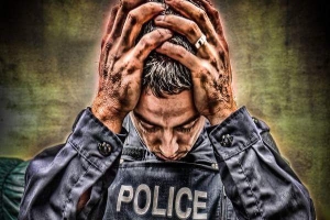 Stylized close-up of a police officer looking down, with their hands on their head