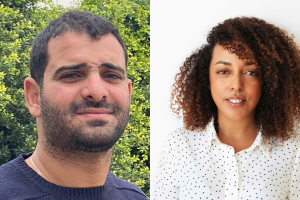 Image: (left) director Saif Chida - headshot of person wearing blue shirt, black hair and beard, with green trees behind him. (right) producer Olfa Ben Achour of Cirta - headshot of a person wearing a white shirt with small black polka dots, think brown curly hair, with a white wall behind them.