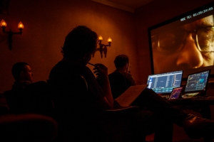 Ben Proudfoot and longtime collaborators Nick Wright, the editor, and supervising sound editor Sean Higgins review an initial mix of "The Last Repair Shop" in Breakwater's handsome 5.1 dub stage.