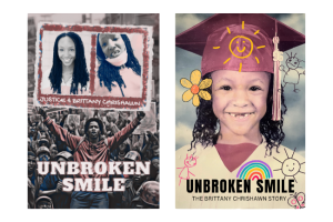 Two posters, on the left, a poster of a man in a crowd holding up a giant sign. On the sign are two photos of a Black woman, one before and one after her front teeth were knocked out. On the right is a photo of a young Black girl with her front teeth missing, wearing a graduation cap. The photo is covered in drawings of flowers and rainbows