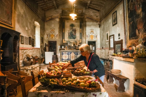 A 60-something-year-old woman examines baskets of apples on a table in a 14th Century church.