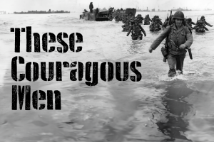 Black and white photograph of soldiers wading through the water on D-Day