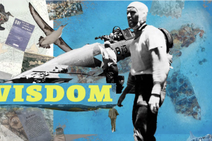 The image features Wisdom, the famed Albatross, considered the oldest seabird of her kind in the world. Also featured are visuals depicting various historical events that occurred on and around Midway Atoll and visuals from the groundbreaking bird banding study.