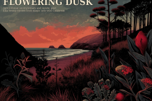 A blue and red toned painted wood cut of a California coastline and the text saying flowering dusk, anti-colonial revolutionary and Mystic poet Ella Young carries Irish Magic into wild California