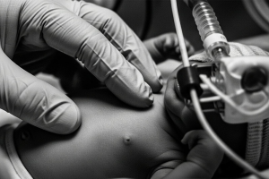 Black-and-white close-up of a gloved medical hand touching a newborn baby’s chest amid tubes and monitoring equipment in a neonatal care setting.