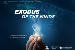 The title "Exodus of the minds" stands in the middle of the image, above a DNA branch that looks powered by the hand that holds it upward. It appeas on a dark blue background, on which a light blue translucent DNA branch floats.  On the upper left corner, the three production companies are listed as presenting the film: Esprit Libre Production, Les Films de la Mémoire, 3L Pictures.  Next to the hand "Written and directed by Arnaud Zajtman".  On the right corner below the logos of the three companies.