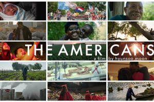 Landscape movie poster for the film "THE AMERICANS" by Hyunsoo Moon.  The poster features a 3x5 grid of fifteen cinematic photographs that create a mosaic of American life. The images capture a wide range of human experiences, including:  Milestones: A newborn baby and a graduation ceremony.  Labor: Worker at a farm, a meat-processing plant, and a Tyson factory.  Community: A "Parade of Nations," families embracing, and people watching fireworks.  Landscapes: Sunlit trees, rocky shorelines, and flooded fiel