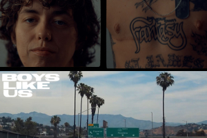 Collage of three images: a young person's face, a chest with tattoos and top surgery scars, and a landscape of Los Angeles