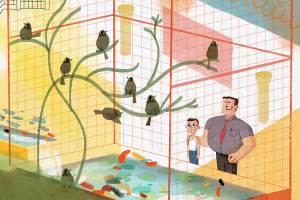 a drawing of a large cage of birds, while the father and son looks onward.