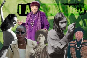 A collage of Shirley Clarke, Agnès Varda, Cheryl Dunye, Alice Guy-Blaché, Barbara Kopple and Madeline Anderson against a background of a close up leaf, with the words "I Am Somebody" faded into the background.