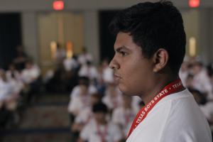 Steven Garza, protagonist from Jesse Moss and Amanda McBaine’s 'Boys State', addresses the audience at the Nationalists Run-Off Debates.