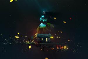 This image depicts time travel through the evolution of racial violence in the US. Against the backdrop of a dark sky, speckled with stars, is a shack that serves as a portal for time travel, and above the house floats an apparation of a slave.