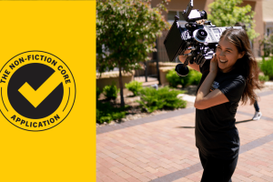 The Nonfiction Core Application: An image of a woman with brown skin holding a camera outdoors, courtesy of Sundance Institute.
