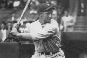An image of Lou Gehrig, a white man in a baseball uniform holding a bat, from Ken Burns' 'Baseball'. Courtesy of PBS.