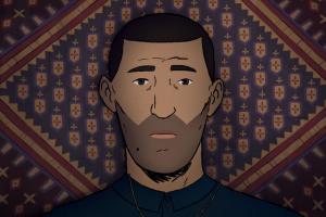 Animated image of Amin, an Afghan man with a dark beard and short hair. He islieing on a patterned rug. From Jonas Poher Rasmussen’s documentary ‘Flee.’ Image courtesy of TIFF.