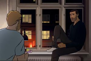An animated still from Jonas Poher Rasmussen’s ‘Flee’ showing the Afghan male protagonist Amin and the white, Danish filmmaker. Courtesy of NEON.