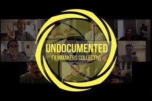 Logo of Undocumented Filmmakers Collective overlaid Zoom meeting screenshot