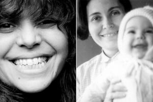 A black-and-white photo of a women smiling next to a photo of a mother holding her baby, from Judith Helfand's 'A Healthy Baby Girl.'