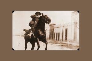 A sepia-style photo of a man riding horseback from 'The Hunt for Pancho Villa', directed by Hector Galan, a long-time Austin resident.