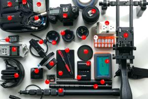 An array of items that Jessica Beshir takes along in her Kata Pro-Light camera bag when she's in production.