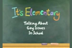 A graphic of a blackboard that reads: "It's Elementary! Talking About Gay Issues in School.'