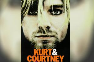 A closeup of Kurt Cobain's face on a poster for Nick Broomfield's' 'Kurt & Courtney.'