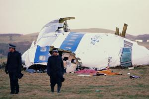 Two police officers in front of a plane wreckage in the field