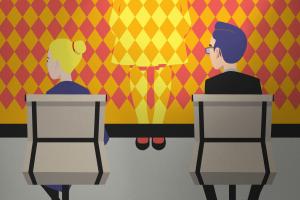Vector graphic of two people sitting behind a meeting table, looking to the left. The person in front is invisible to them, blending into the wall