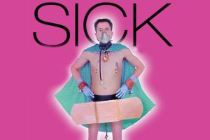 A shirtless man wears a hospital gown cast around his neck like a cape with an oversized bandaid pasted on him. From 'Sick: The Life and Times of Bob Flanagan, Supermasochist' won the Audience Award for Best Feature at Los Angeles Independent Film Festival