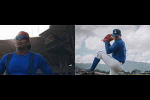 Happy Oliveros (left) stands with his hands on his hips; he wears a royal blue shirt, a red baseball cap and sunglasses; Carlos O. González (right)  wearing a royal blue jersey, LA Dodgers cap and white pants, winds up to pitch. Both men--nativHappy Oliveros (left) rests with his hands on his hips, while Carlos O. González (right)  winds up to pitch. Both men are risking their life and exile pursuing MLB contracts, many of which will never transpire into anything tangible. Photo courtesy of ‘The Last Out’. 