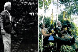 Left: Wolfgang Bayer on location in Bornea, Malaysia. Right: Tristan and Wolfgang Bayer set up a tricky shot suspended from the trees.