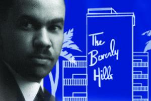 Paul R. William's picture lies on top of blue drawing of the Beverly Hills Hotel.